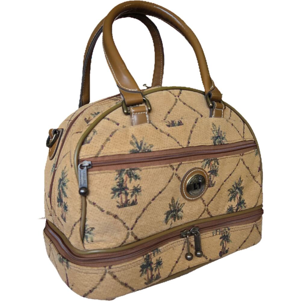 Vtg 80s Leisure International Tan Vanity Bag Case Tropical Palm Tapestry EUC